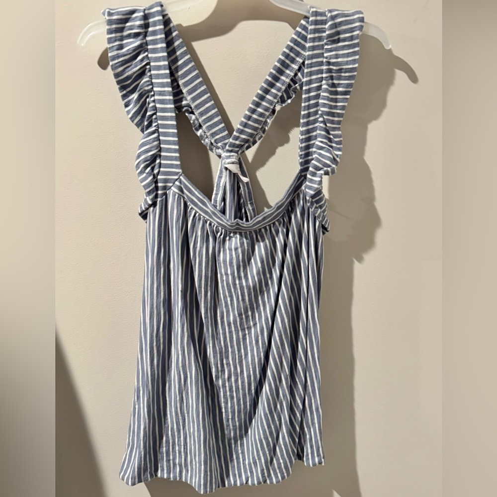 LC Lauren Conrad Blue and White Ruffled Tie Front Tank Top